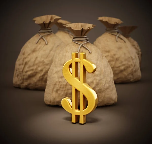 Sacos de dinheiro com ícones de ouro. Ilustração 3D — Fotografia de Stock