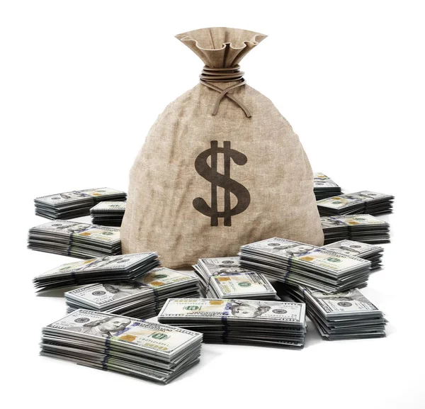 Peníze pytle s účty a dolar ikonu. 3D obrázek — Stock fotografie
