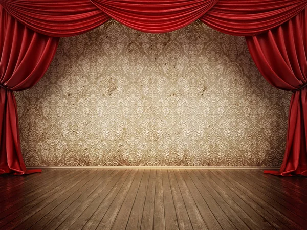 Theaterbühne mit rotem Vorhang und Parkettboden. 3D-Illustration — Stockfoto