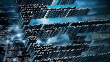 Mavi renk tonları ile soyut kod arka planı. 3D çizim