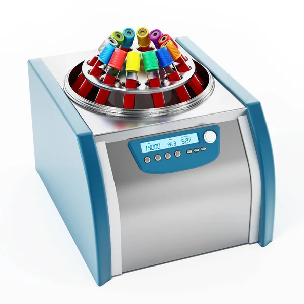 Blood centrifuge machine with test tubes full of blood samples. 3D illustration — Stock Photo, Image
