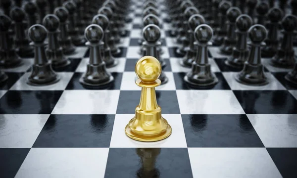 金のチェスのポーン立っての黒いチェスの駒の前。3d イラストレーション — ストック写真