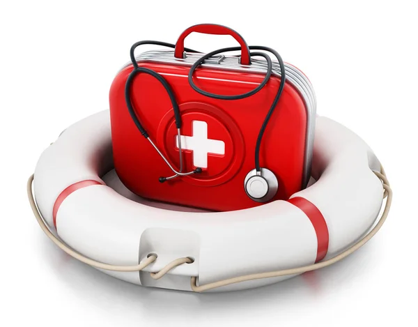 First aid kit standing on life saver. 3D illustration — Stock Photo, Image