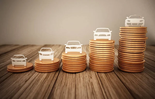 Silhuetas de carro branco em pé sobre pilhas de moedas de ouro. Ilustração 3D — Fotografia de Stock