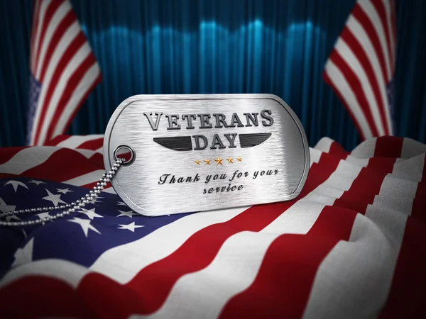 Veterans Day dogtag standing on American flag. 3D illustration — Stock Photo, Image