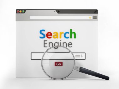 Hayali arama motoru Web sitesinde büyüteç. 3D çizim