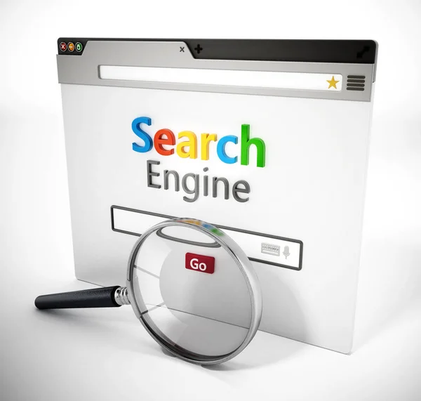 Lupa en el sitio web ficticio del motor de búsqueda. Ilustración 3D — Foto de Stock
