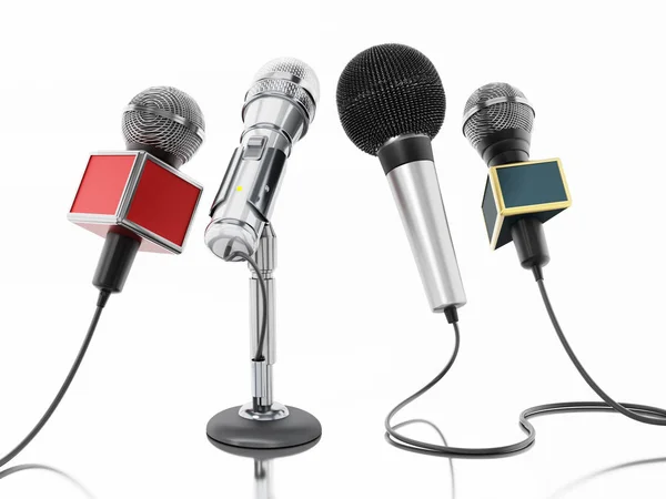 Microfones de notícias alinhados isolados em fundo branco. Ilustração 3D — Fotografia de Stock