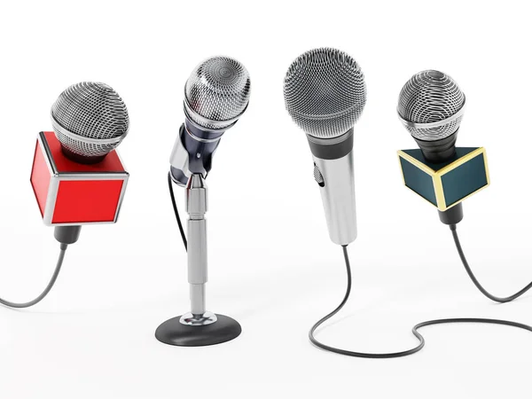 Microfones de notícias alinhados isolados em fundo branco. Ilustração 3D — Fotografia de Stock