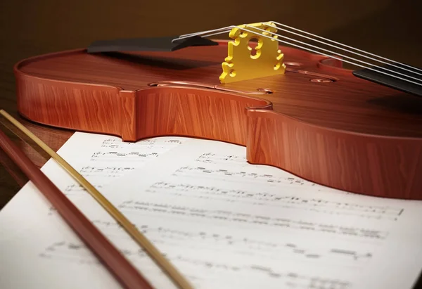 Крупный план скрипки, стоящей на нотах. 3D иллюстрация — стоковое фото