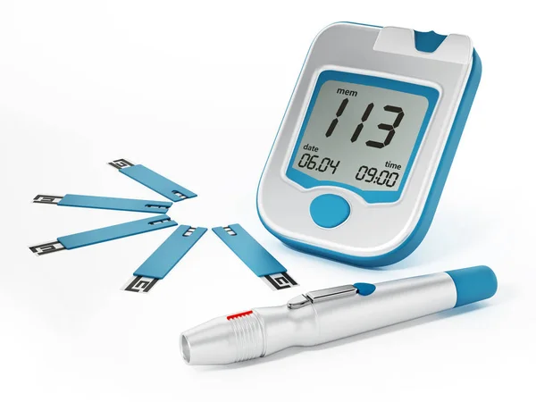 Medidor de glucemia con tiras aisladas sobre fondo blanco. Ilustración 3D — Foto de Stock