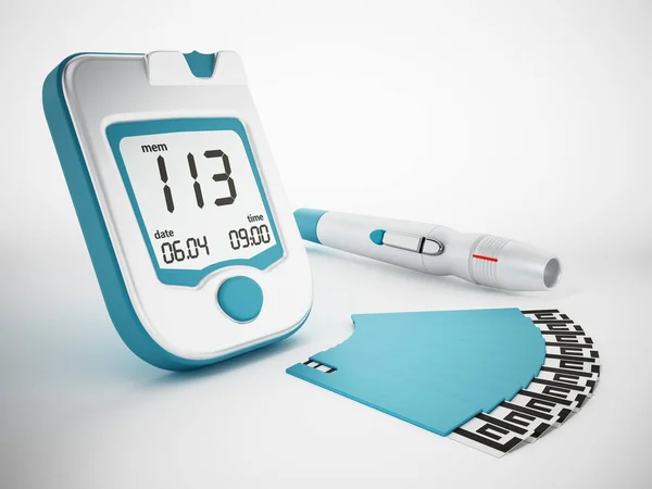 Blood glucose meter with strips isolated on white background. 3D illustration — Stock Photo, Image