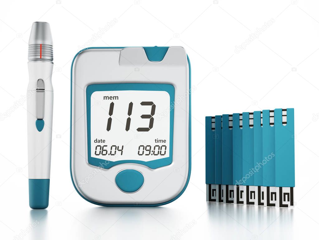 Blood glucose meter with strips isolated on white background. 3D illustration