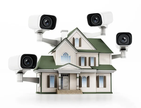 Casa protegida com câmeras de vigilância CCTV. Ilustração 3D — Fotografia de Stock
