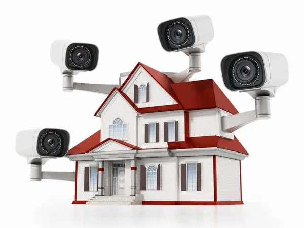 Casa protejată cu camere de supraveghere CCTV. Ilustrație 3D — Fotografie, imagine de stoc