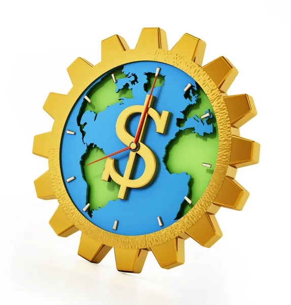 Gear shaped clock with dollar sign. Earth map at the center. 3D illustration