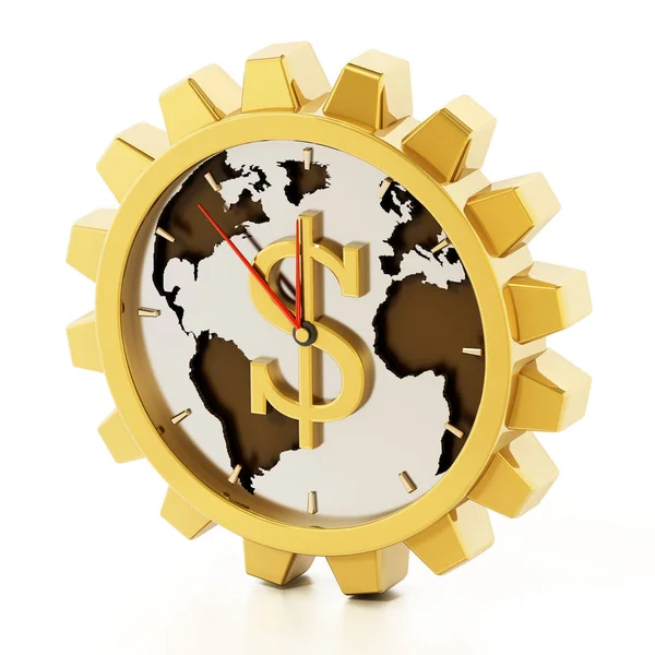 Gear shaped clock with dollar sign. Earth map at the center. 3D illustration