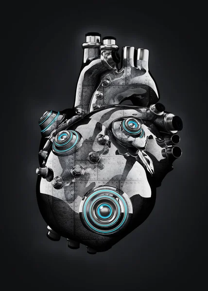 Artificial coração cromado mecânico isolado em preto. Ilustração 3D — Fotografia de Stock