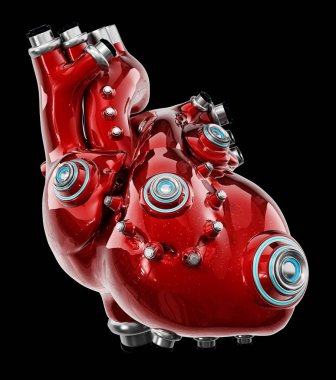 Yapay mekanik kırmızı kalp siyah üzerinde izole. 3D çizim