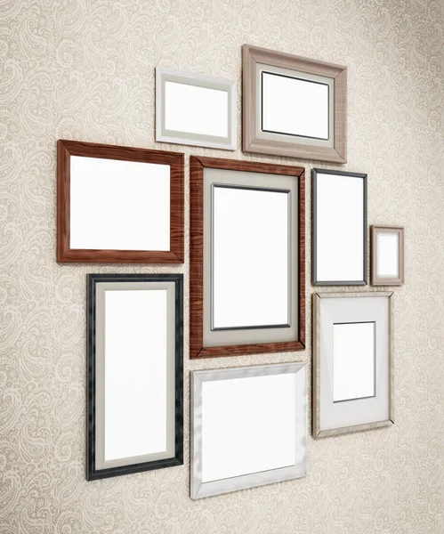 Picture frames arranged on the wall. 3D dimensional — Stock Photo, Image