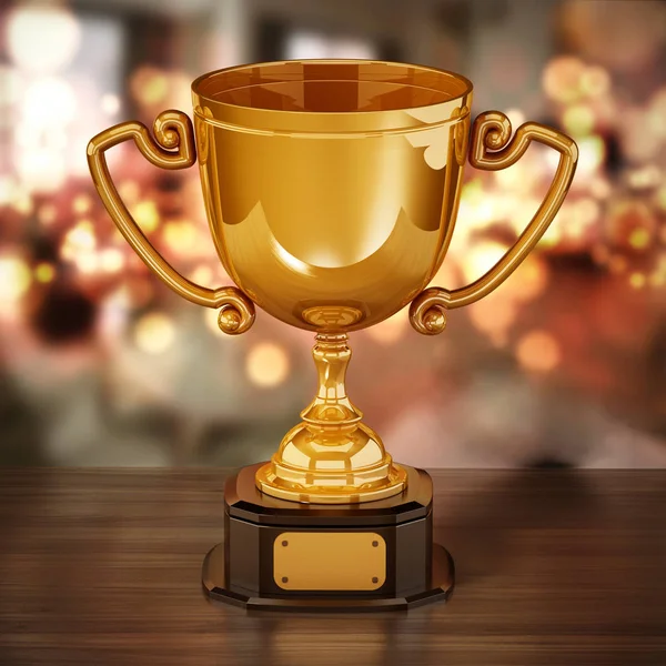 Gold cup standing on wooden table against bokeh background. 3D illustration — Stock Photo, Image