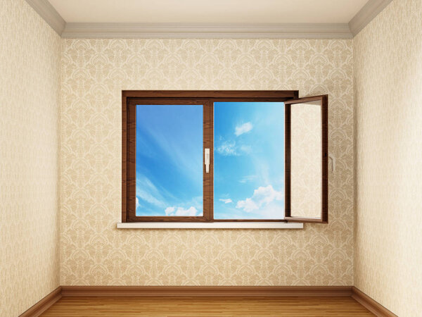 Half open windows inside an empty room opening to blue sky. 3D illustration