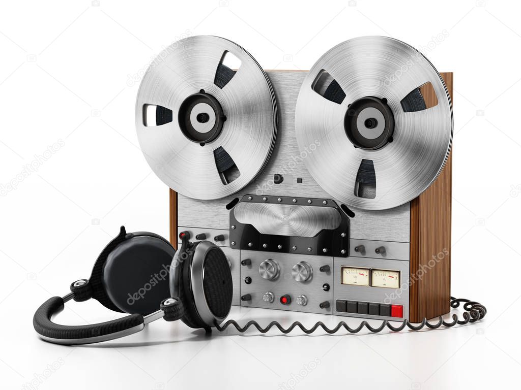 Recording machine and headphones isolated on white background. 3D illustration