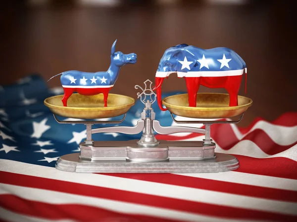 Republican and Democrat party political symbols elephant and donkey on American flag. 3D illustration