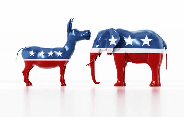 Republican and Democrat party political symbols elephant and donkey. 3D illustration