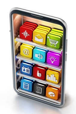 Raflarda uygulama yazılımları ile Akıllı Telefon. 3d illüstrasyon