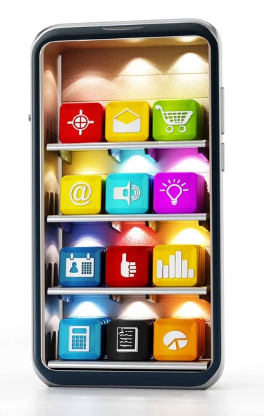 Smartphone met applicatiesoftware op de planken. 3D-illustratie — Stockfoto