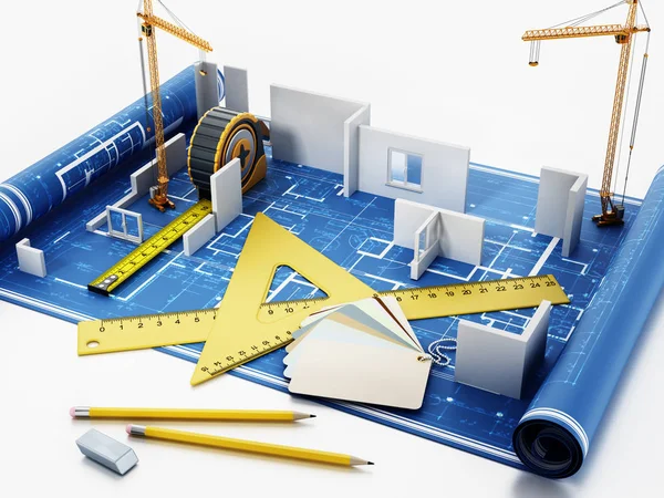Husbyggnadsprojekt med linjaler, måttband, blyertspennor och färg Cartela. 3D-illustration — Stockfoto