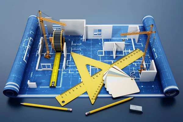 Husbyggnadsprojekt med linjaler, måttband, blyertspennor och färg Cartela. 3D-illustration — Stockfoto