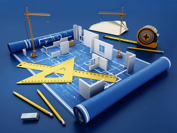 Projeto de construção de casa com réguas, fita métrica, lápis e cartela de cor. Ilustração 3D — Fotografia de Stock