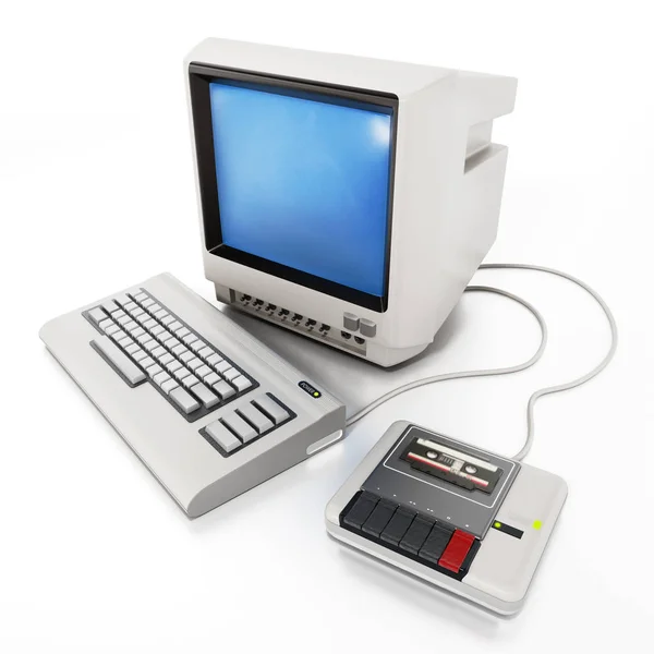 Вінтажний персональний комп'ютер з читачем касети. 3D ілюстрація — стокове фото