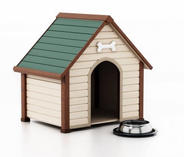 Köpek kulübesi ve yemek kase beyaz arka plan üzerinde izole. 3d illüstrasyon