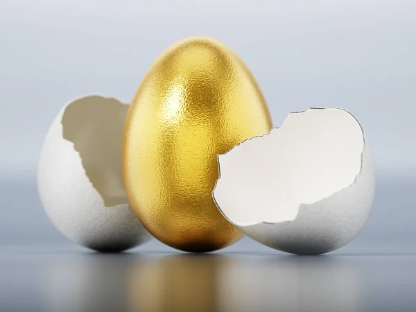 Huevo dorado dentro de la cáscara de huevo blanco regular. Ilustración 3D —  Fotos de Stock