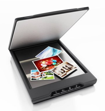 Fotoğraflar modern tarayıcı içinde taranıyor. 3d illüstrasyon