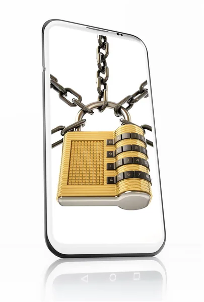 Κλειδαριά και αλυσίδα στην οθόνη του smartphone. εικονογράφηση 3D — Φωτογραφία Αρχείου