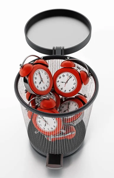 Relógio de alarme vermelho dentro da lixeira isolado em branco. Ilustração 3D — Fotografia de Stock