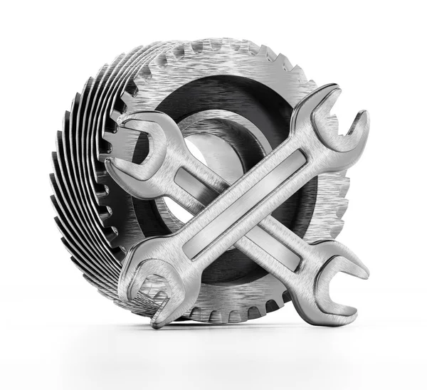 Cogwheel and wrenches isolated on white background. 3D illustration — Stock Photo, Image