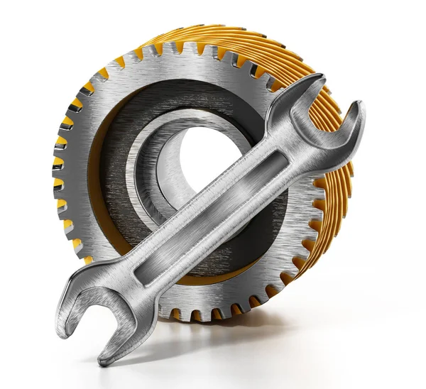 Cogwheel and wrench isolated on white background. 3D illustration — Stock Photo, Image