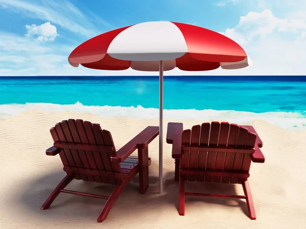 Guarda-chuva e duas espreguiçadeiras à beira-mar. Ilustração 3D — Fotografia de Stock