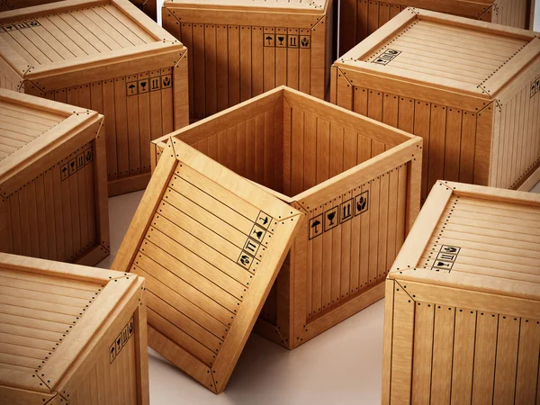 中央に1つの開いている木箱が付いている輸送木箱のグループ。3Dイラスト — ストック写真