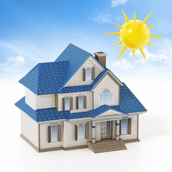 豪宅覆盖着太阳能电池板，透射阳光。3d 插图 — 图库照片