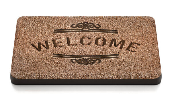 Door mat with welcome text isolated on white background. 3D illustration