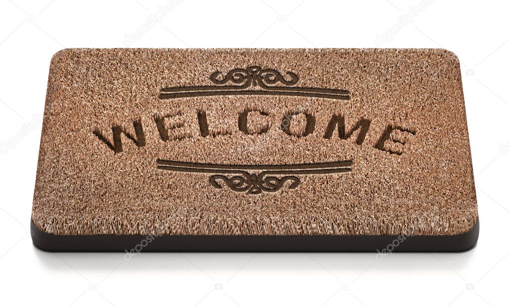 Door mat with welcome text isolated on white background. 3D illustration