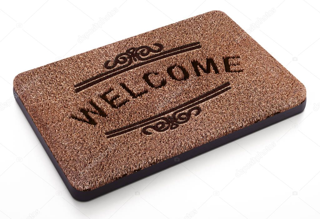 Door mat with welcome text isolated on white background. 3D illustration