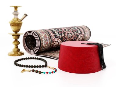 Kırmızı fes şapka, halı, dua boncukları ve nargile. 3d illüstrasyon