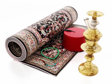 Kırmızı fes şapka, halı, dua boncukları ve nargile. 3d illüstrasyon